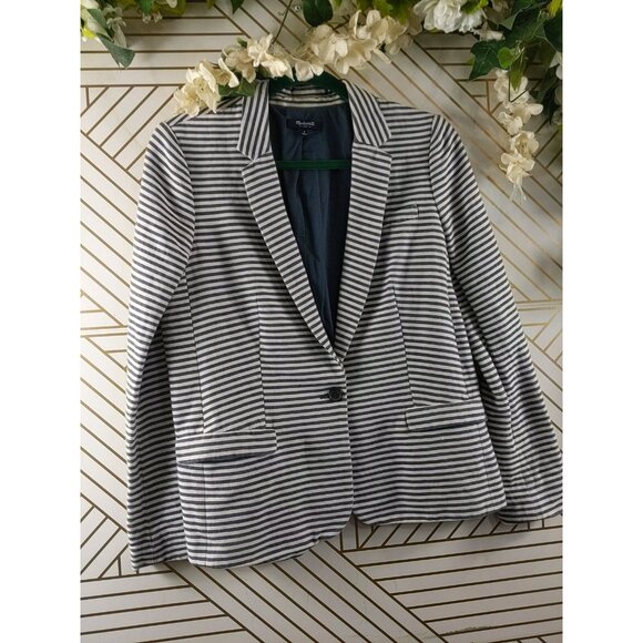 Madewell Women's Tailored Blazer Single Button Closure Striped Blue White Size 8 - Picture 3 of 8